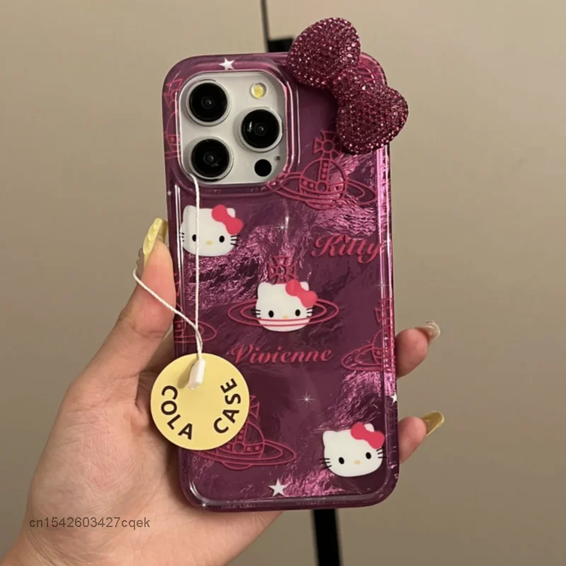 Hello Kitty Bow Diamond Design Trendy Phone Case Suitable For IPhone 16 15 14 13 12 11 Promax Xsmax xs xr Cute Niche Phone Cover