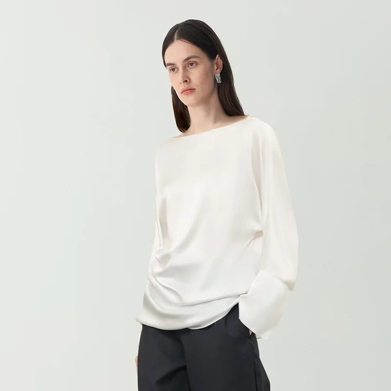 Women 100% Mulberry Silk Boat Neck Blouse Long Sleeve Flared Cuff Side Ruched Elegant Luxury Loose Fit Office Blouse