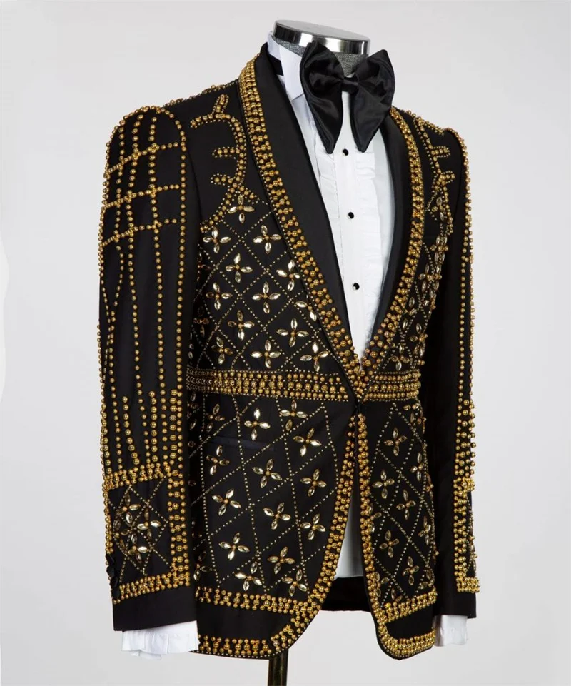 Conjunto de ternos masculinos com contas douradas, 2 peças, blazer + calças, smoking de casamento, jaqueta formal de escritório, algodão, masculino, tapete vermelho