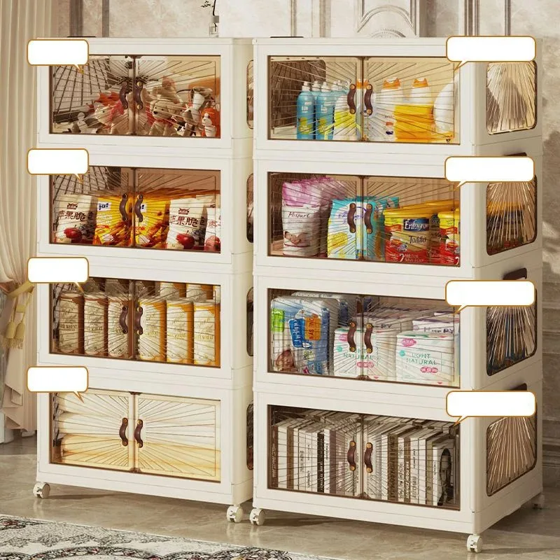 Double Door Storage Bins Transparent Stackable Foldable Organizer Closet Cabinets Folding Box Toys Large Capacity Wardrobe