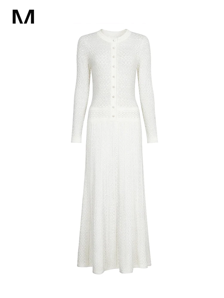 Micosoni High-Quality Shiny Thread Knitted Dresses Autumn 2025 New Style Single Button Hollow Flower Long Sleeve Maxi Dress