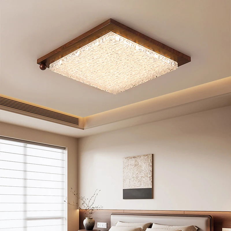 Crackle-Pattern Bedroom Ceiling Light Italian Minimalist Eye-Friendly Light Luxury Round Lamp Vintage Walnut Lighting Fixture