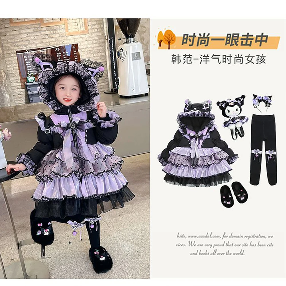 

Kawaii Anime Kuromi Girls Lolita Long Down Jacket Dress Winter Sanrios Cartoon High Qualityb Rthday Party Role Play Dress Gift