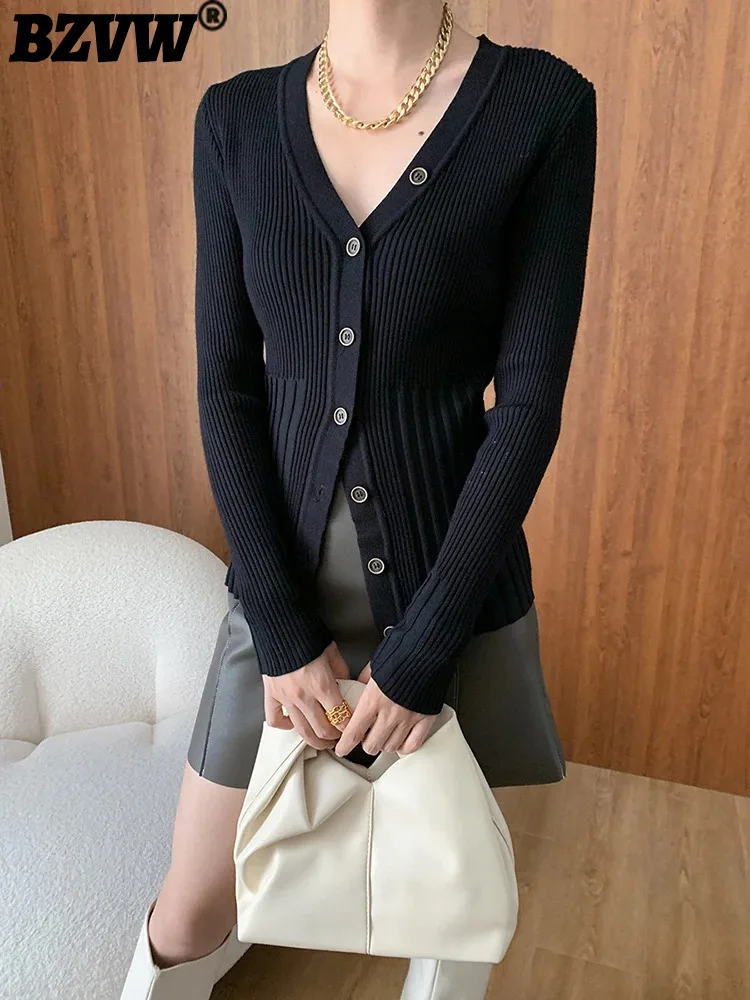 

BZVW fashion knited sweater women v-neck long sleeves single breatsed solid color slim Cardigan 2024 autumn new clothing 25A8443