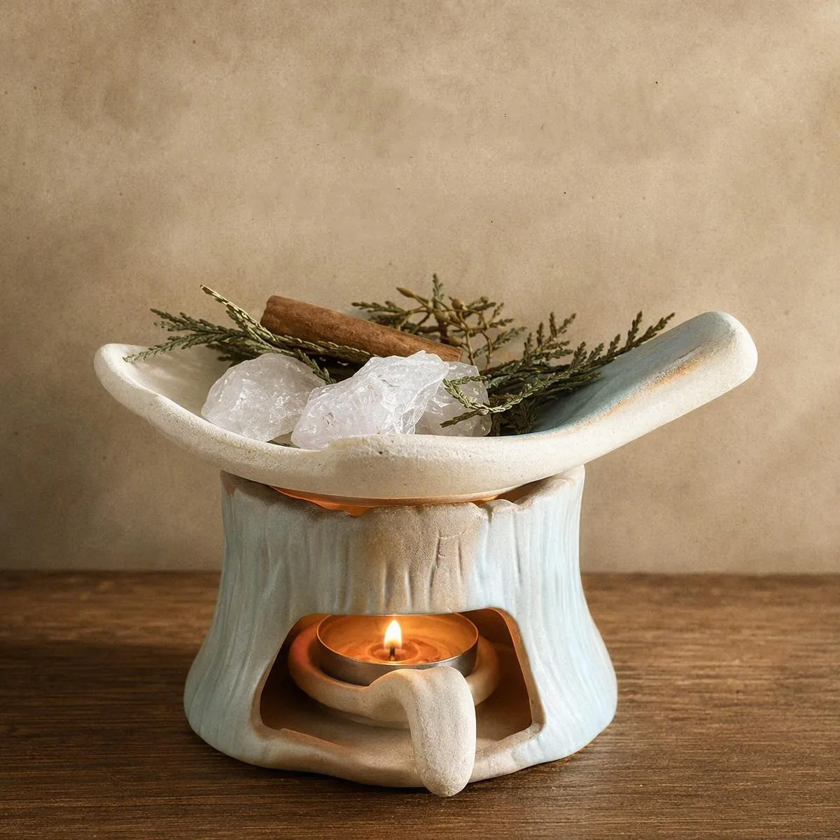 3Pcs Rustic Tree Stump Ceramic Aroma Burner Set Handmade Stoneware Candle Wax Melt Warmer with Trays  for Decorative Incense