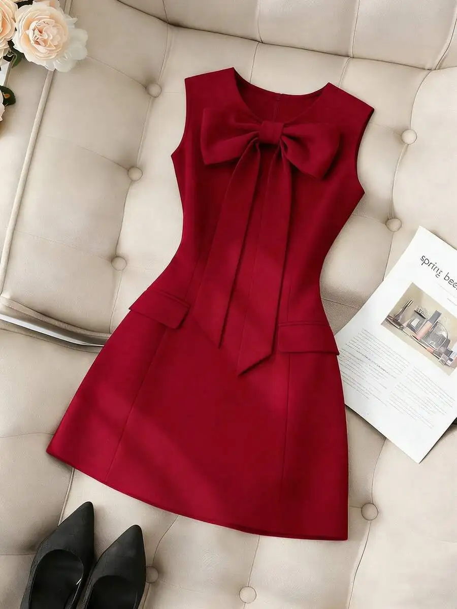 

Red Solid Color Sleeveless Round Neck Dress With Front Bow Elegant Short Dress For Women