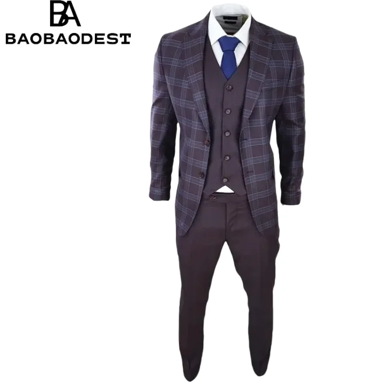 

Men's 3-Piece Purple-Blue Checkered Suit w/ Contrast Vest & Pants – Wedding, Formal, Business Tuxedo, Prom Party Blazer Set