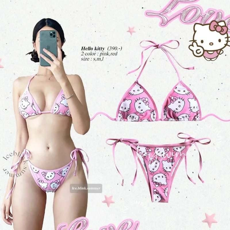 

Hello Kitty Bikini Set Cute Cartoon Y2K Summer Beach Soft Side Strappy Panties Sexy Bikini Kawaii Swimsuit Fashion Underwear