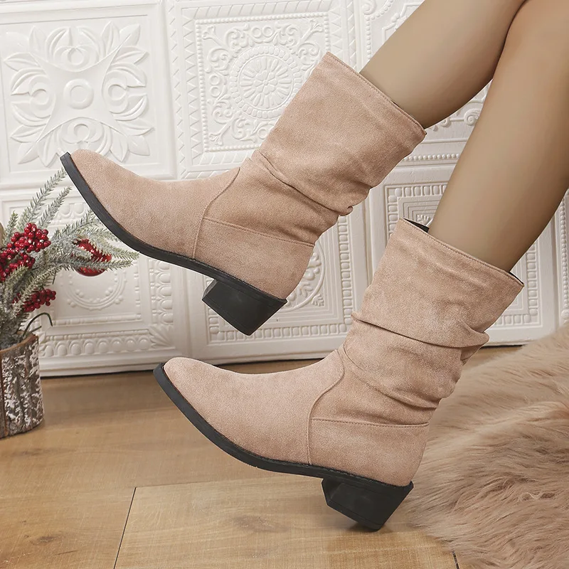 Women's Boots Autumn Winter, Vintage Pleated Large-sized, Thick-heeled Pointed Mid-tube Chimney Boots Ladies Knight Long Booties