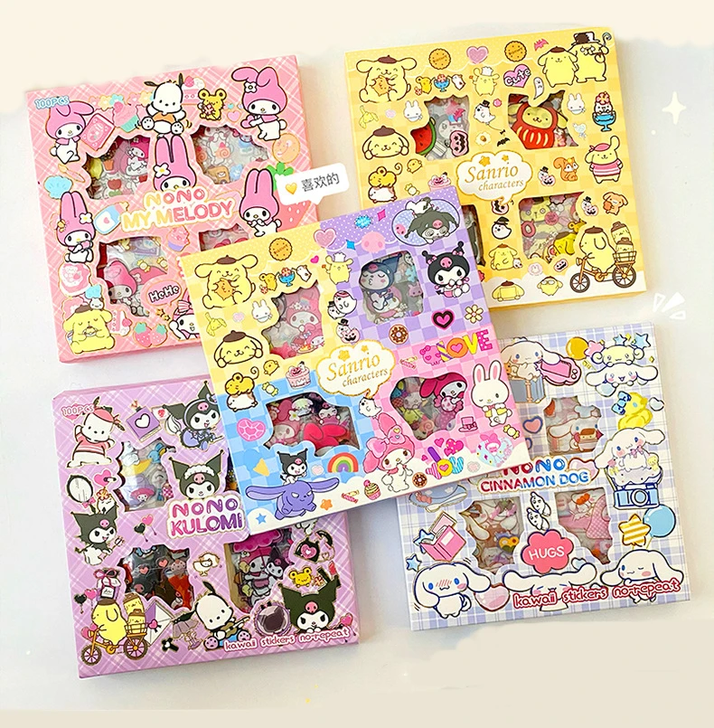 100PCS Cute Sanrio Stickers Gift Box Kuromi  Melody Cinnamoroll Guka Set DIY Phone Waterproof Cartoon Decorative Sticker Materia