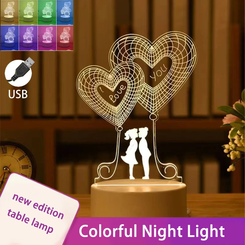 1pc 3D Creative Night Light Romantic Valentine's Day Exclusive Heartwarming Gift Atmosphere Bedlight Colorful Light