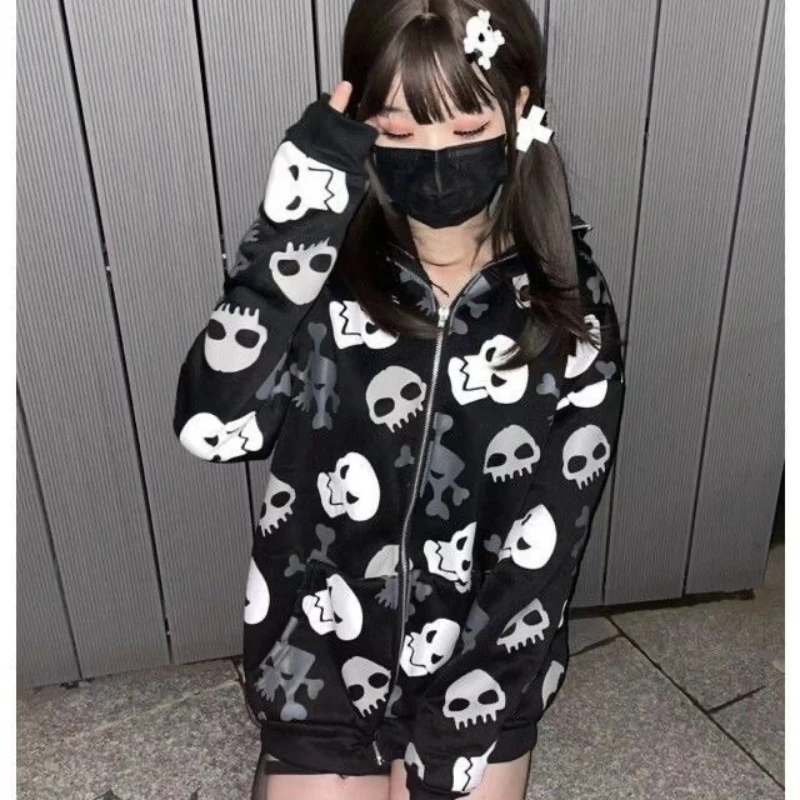 Y2k estilo punk americano vintage crânios impressão manga longa zip up moletom com capuz gótico 2000s harajuku fino hoodies feminino chique