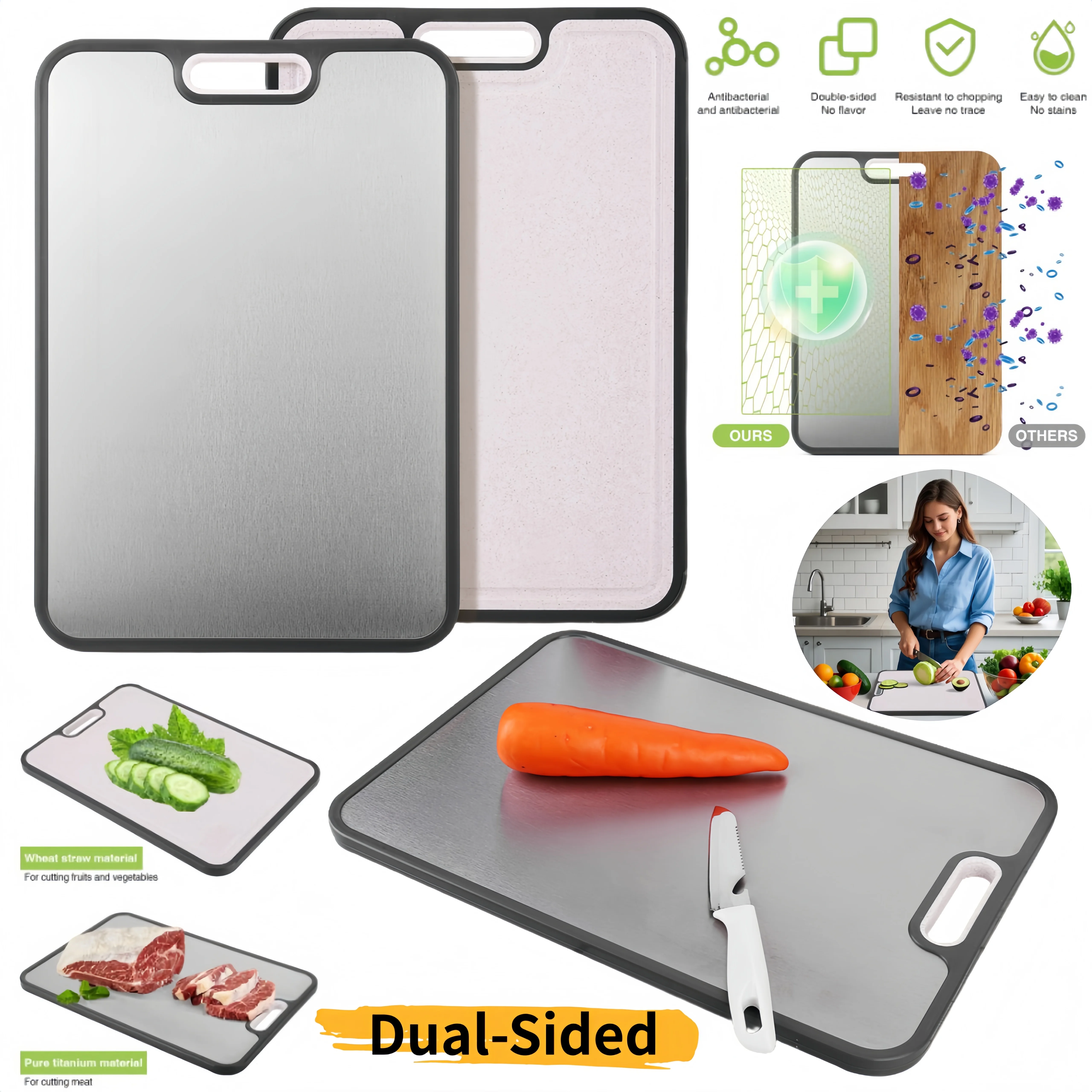 لوح تقطيع من التيتانيوم مزدوج الجوانب لألواح تقطيع المطبخ من أجل قش القمح المزدوج الجوانب للطعام من التيتانيوم النقي PP سهل C #1