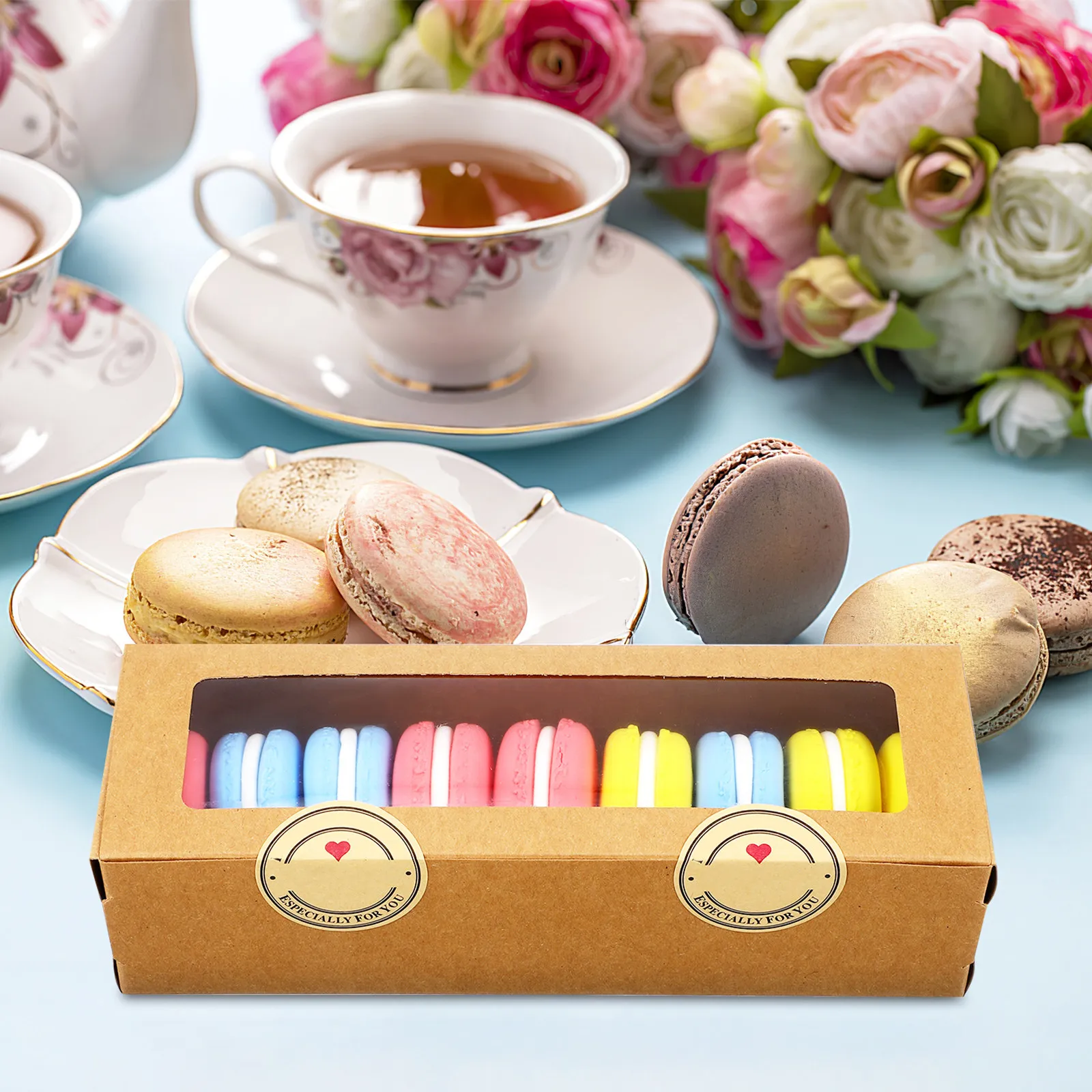 50Pcs Kraft Macaron Packaging Boxes with Stickers Clear Display Window Lightweight for DIY Baking Cookies Candies Donuts Small