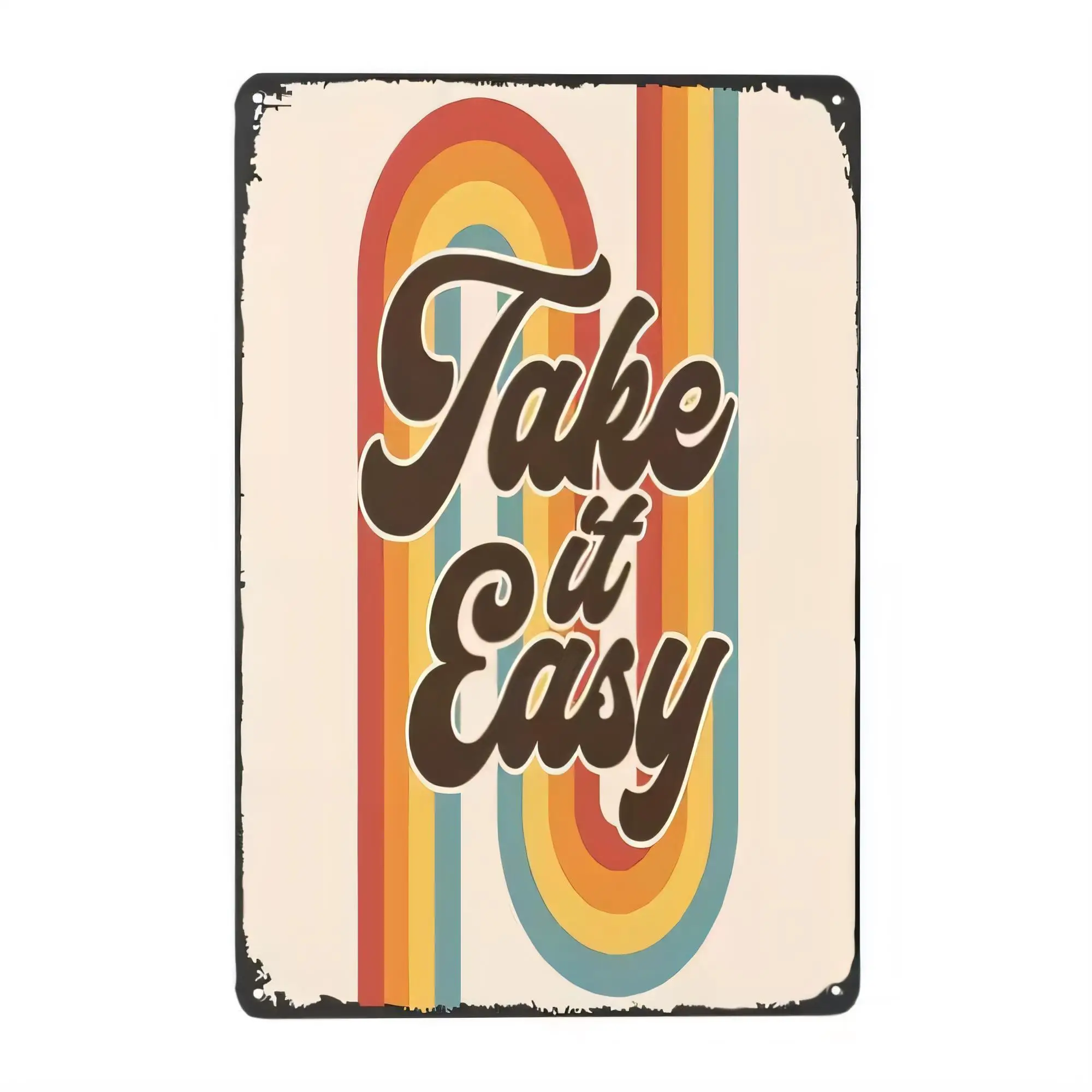 Retro “Take It Easy” Rainbow Vintage Tin Sign, Inspirational Quote Metal Plaque Wall Decor for Bar Pub Garage Kitchen, Aesthetic