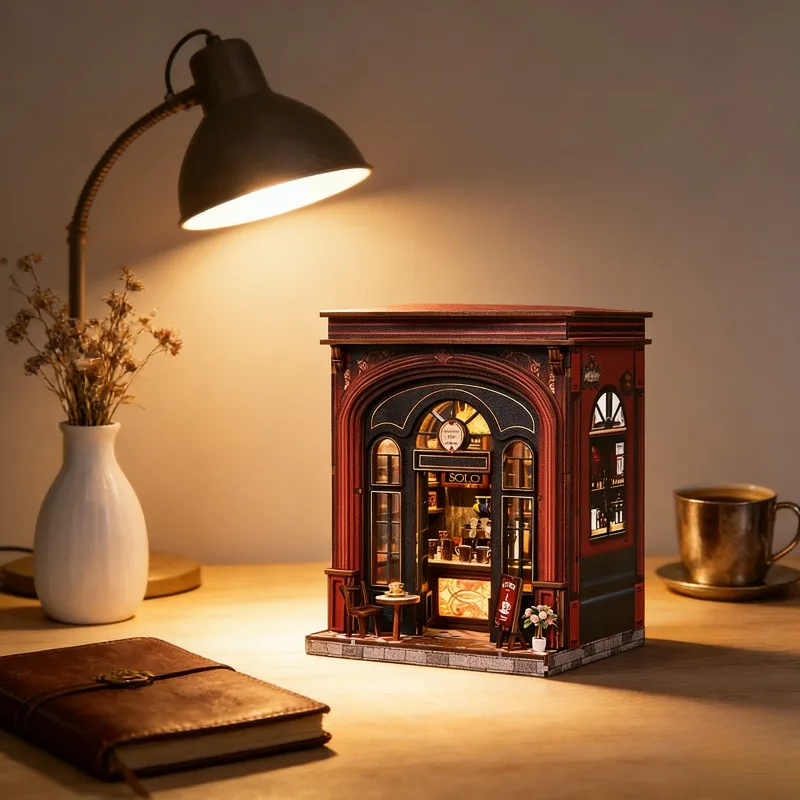 

Warm Light Coffee House DIY Book Nook Kit, 3D Wooden Puzzle Miniature Building Model Bookend Shelf Decor Craft Gift for Adults