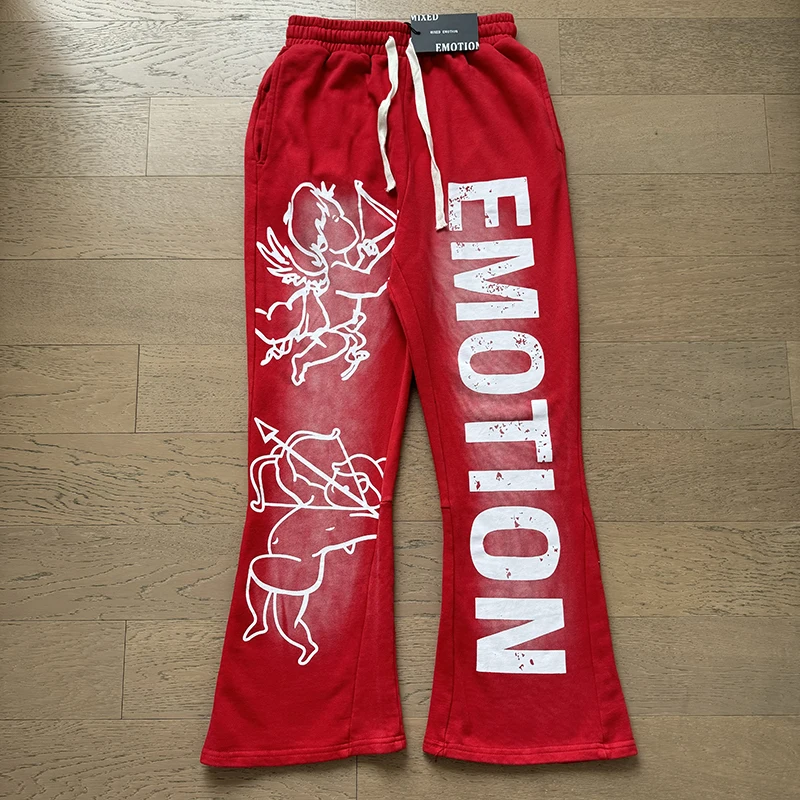Men Women EMOTION Casual Flared Sweatpants Cupid Angel Letter Print Drawstring Waist Y2K Streetwear Pants