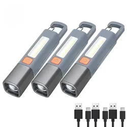 Mini przenośna latarka LED ładowana przez USB z hakiem latarka z zoomem Outdoor Camping piesze wycieczki dalekiego zasięgu latarnia awaryjna