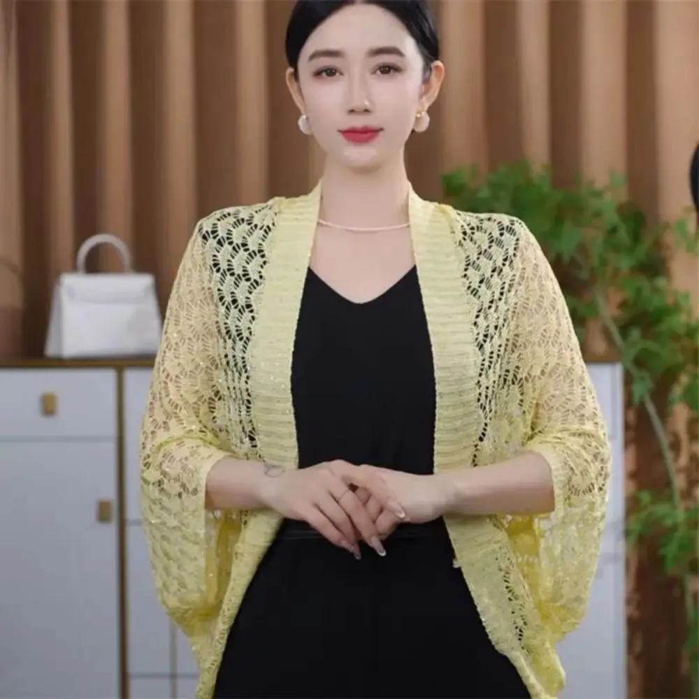 

Trendy Hollow Ice Silk Shawl Luxury Simple Thin Outerwear Coat Elegant Long Sleeve Smock Top