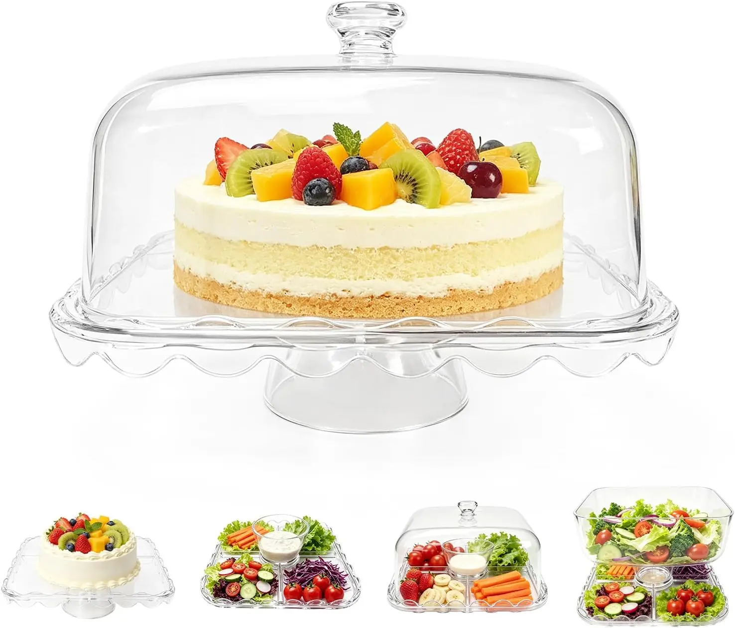 12-Inch Square Acrylic Cake Stand with Lid, 6-in-1 Serving Stand for Dessert, Cookies, Fruit & Party