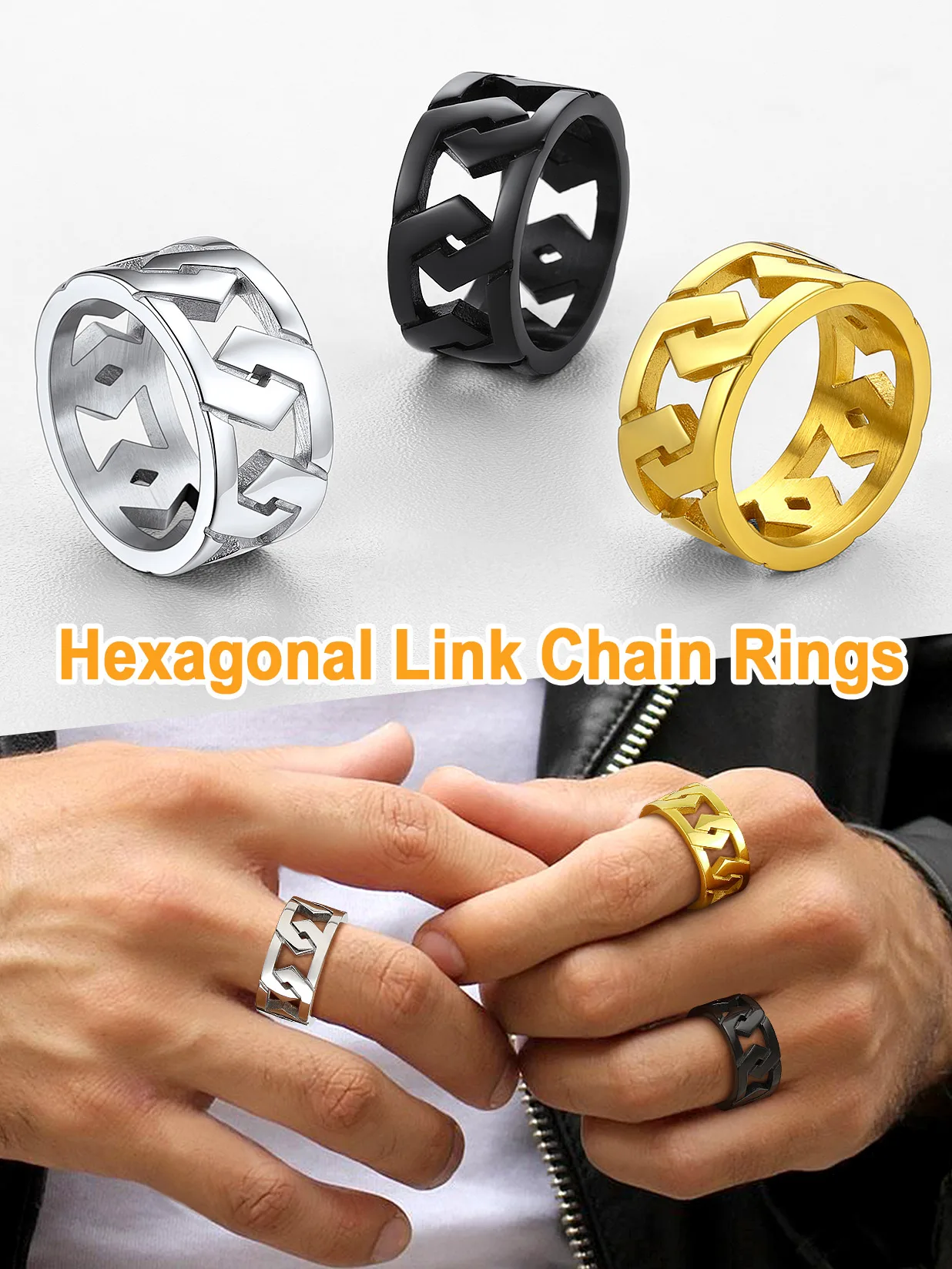 U7 Stainless Steel 10.5mm Wide Hexagon Chain Rings for Man Woman Size 7-14 Simple Classic Unisex Couple Jewelry Gift