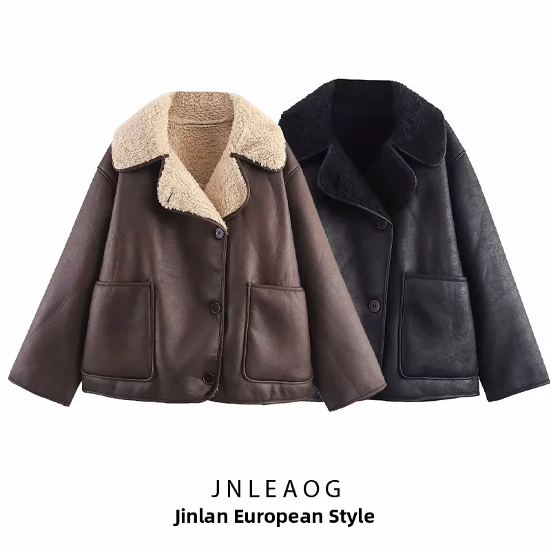 

JNLEAOG, осенняя новая модная женская повседневная двухцветная пушистая верхняя одежда с лацканами, полиэстер, утягивающая длинная све, обычная длина