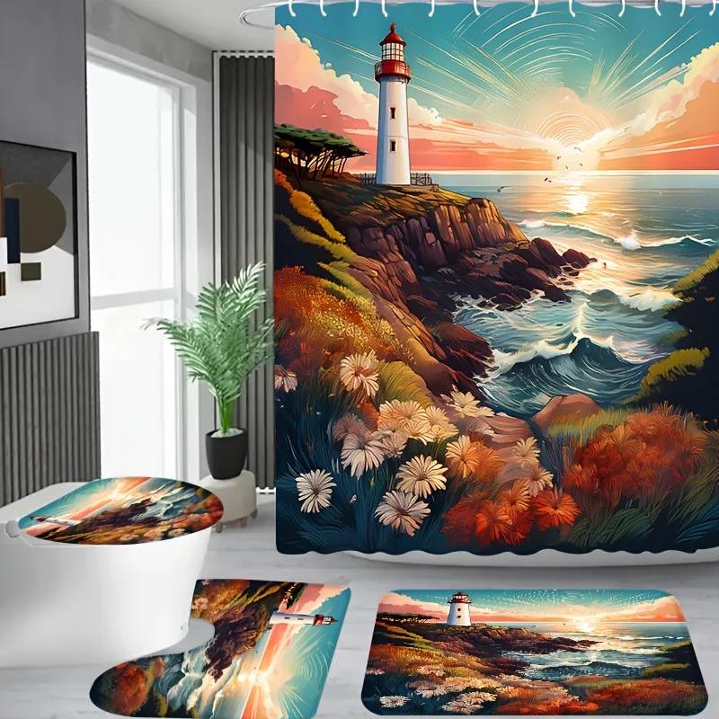 

4pcs, Beautiful Sunset at Haiya Lighthouse Pattern Shower Curtain Set for Apartment Bathroom and Hotel with 12 Hooks, Includ