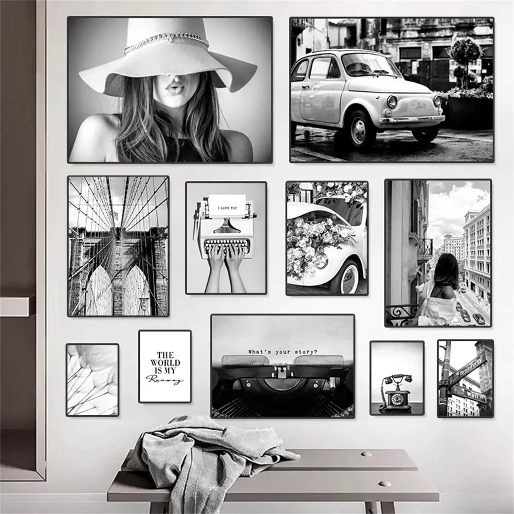 Retro teléfono máquina de escribir pintura al óleo de coche cartel blanco y negro arte de chica de moda lienzo pintura arte de pared nórdico decoración del hogar