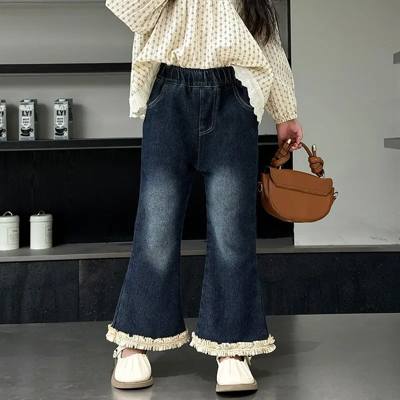 Girls Fleece Lined Flare Jeans Autumn Winter Fashion Denim Pants Kids Warm Stretch Long Trousers Children Casual Bottoms