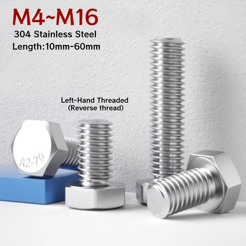 Left-Hand Threaded External Hex Head Screw M4 M5 M6 M8 M10 M12 M14 M16 304 A2 Stainless Steel Reverse thread Outer Hexagon Bolts