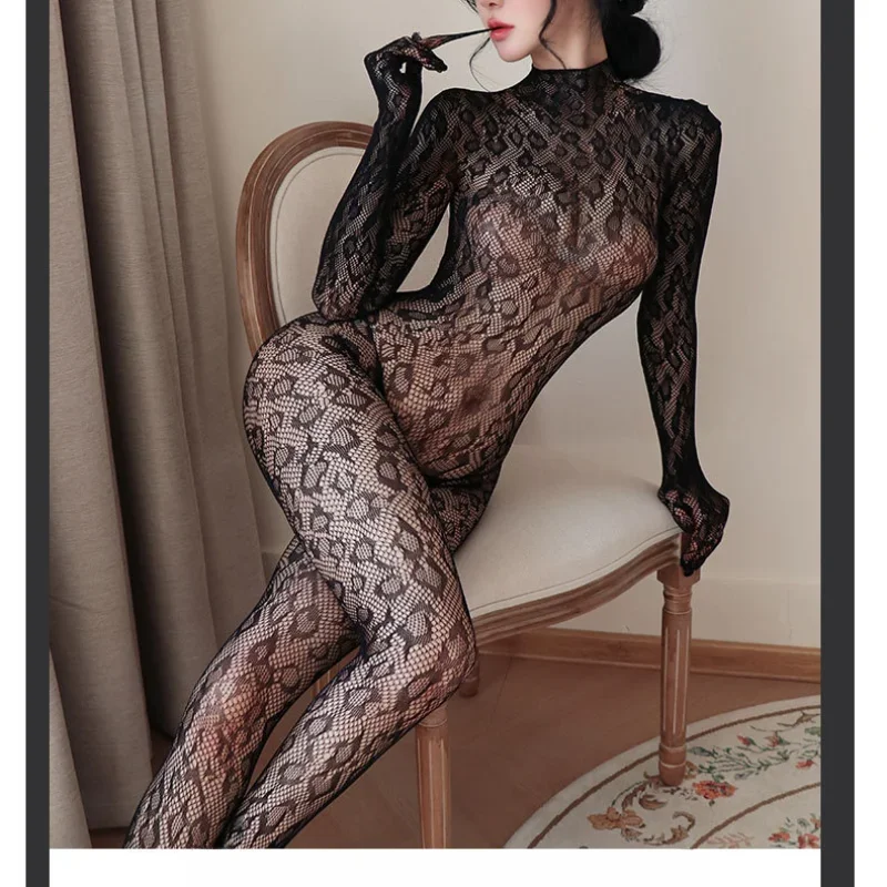 المرأة مثير Bodystockings ليوبارد طباعة عارية الذراعين الجوارب جوارب جوفاء شبكة جوارب طويلة الملابس الداخلية الغريبة بذلة شفافة