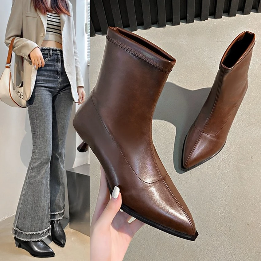 Women's round Head Thick Bottom Short Boots 2024 Autumn and Winter New High Heel Black Real Leather Slip-on Fashion Single Boots