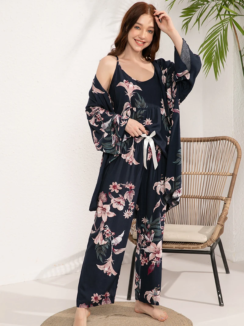 

Women's Pajams Set 3 Pieces 100% Viscose Home Pijima Loose Set Sleepwear Printed Plus Size S-3XL Loose Comfortable Female Pijima