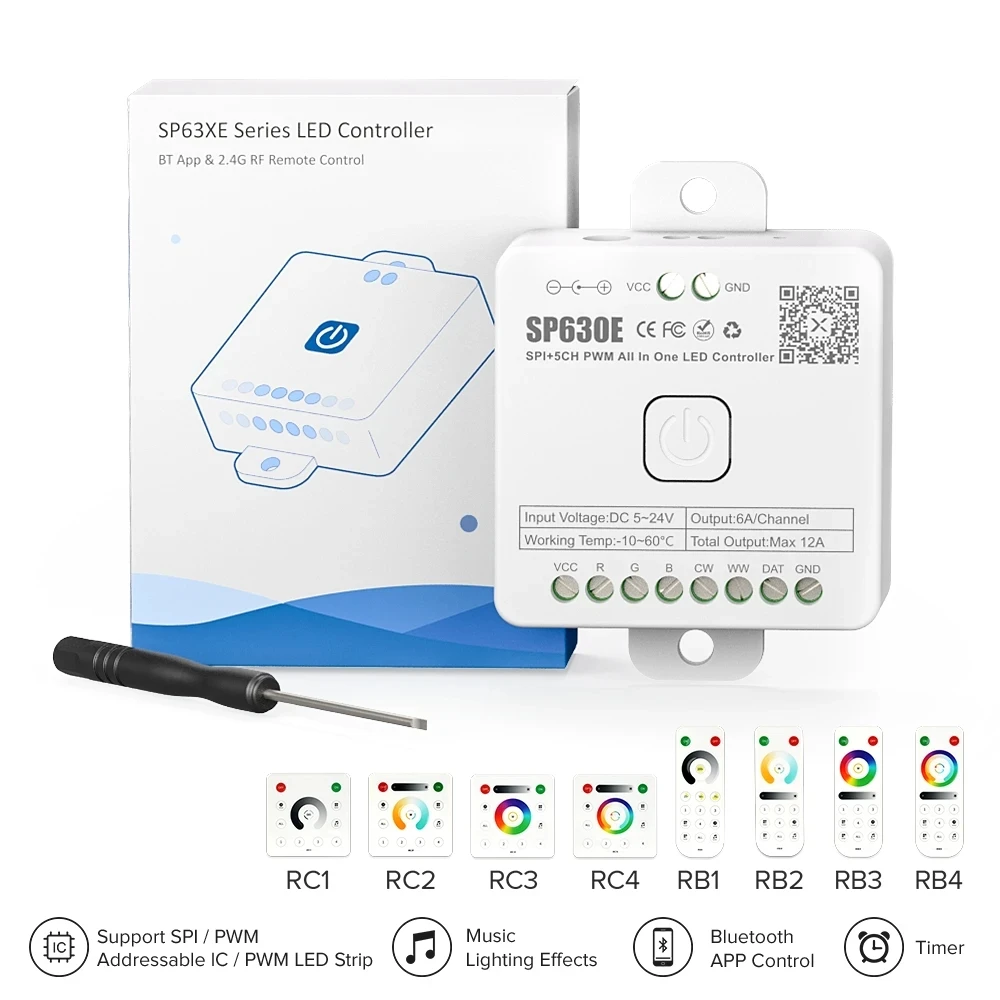 Controlador LED SP630E todo en uno, 5 CANALES, PWM, píxeles SPI, tira de luz LED WS2812B, WS2811, SK6812, FCOB 5050, RGB, RGBW, CCT, música, BT,