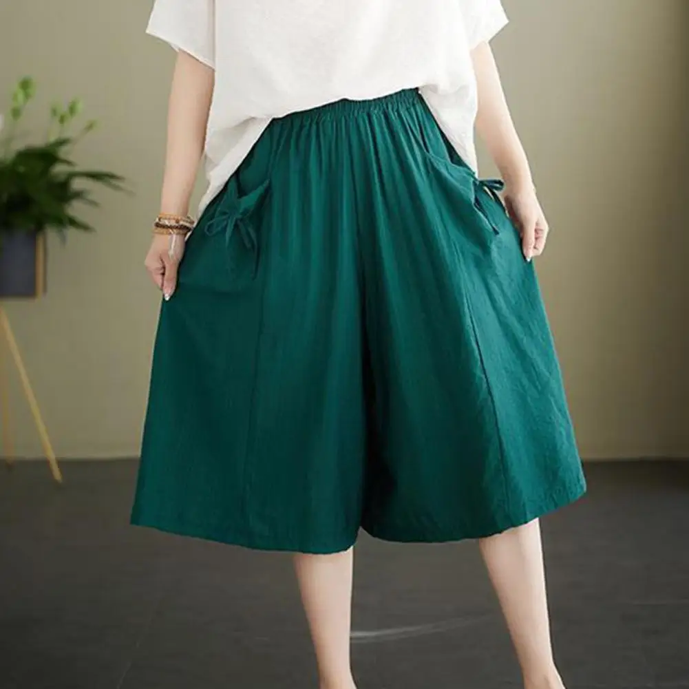 

Solid Color Casual Pants Stylish Women's Wide Leg Cropped Pants with Elastic Waist Pockets Casual Loose Fit Slacks for Summer