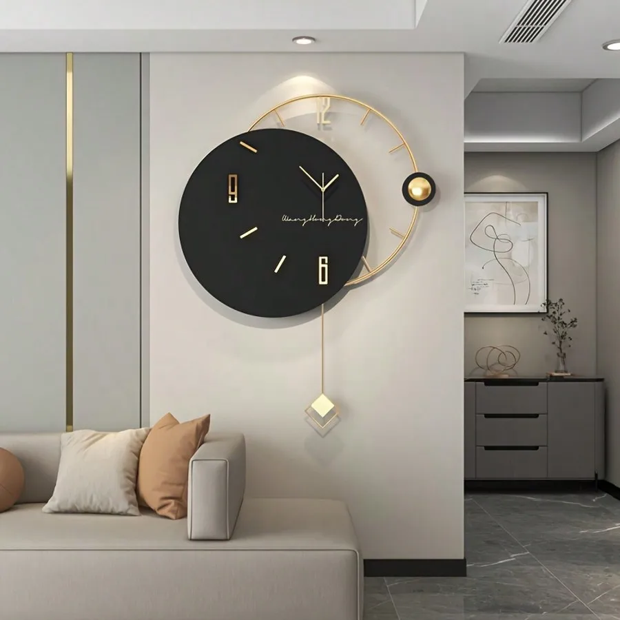 

Large Wall Clock Home Decoration Quartz Clock, Silent Swinging With No Tick, Metal And Wood, Suitable For Indoor Living Room