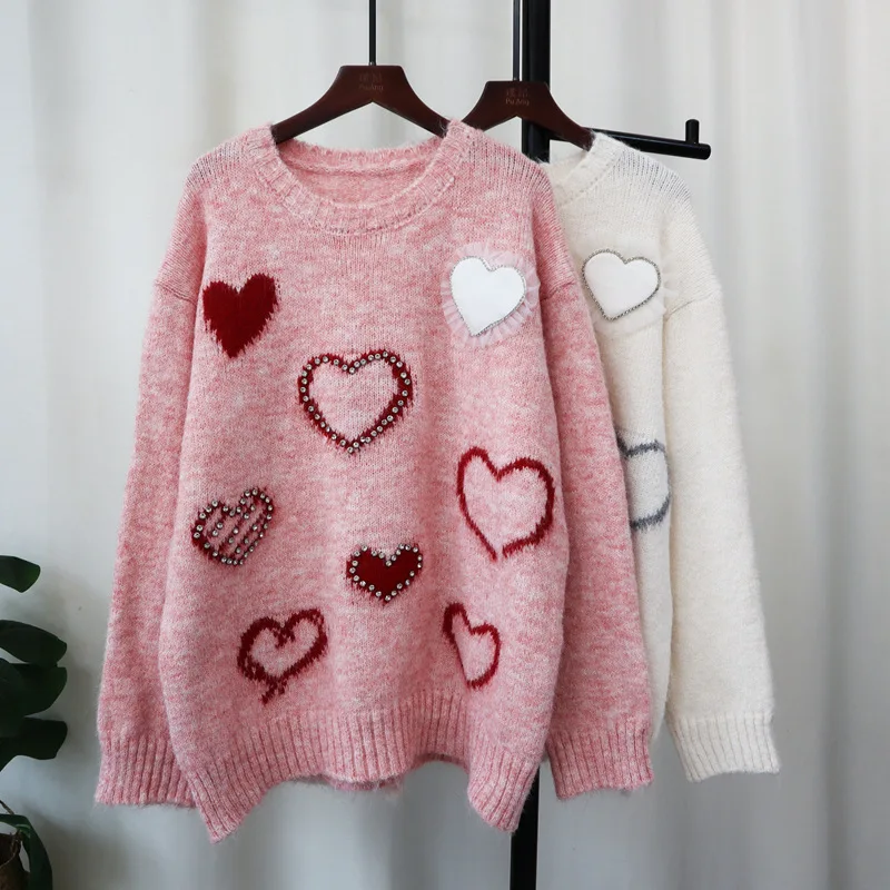 DEAT Women's Pullover Loose O-neck Heart Pattern Knitting Patchwork O-neck Soft Crystal Sweaters 2025 New Fashion Spring 29L8916