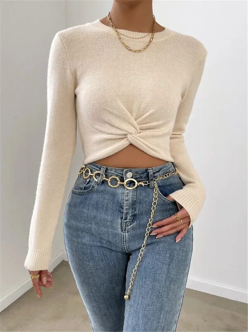 Women's Sweater Autumn Winter Slim Versatile Sexy New Fashion Crew Neck Design Sense Cross Knit Top Solid Color Casual