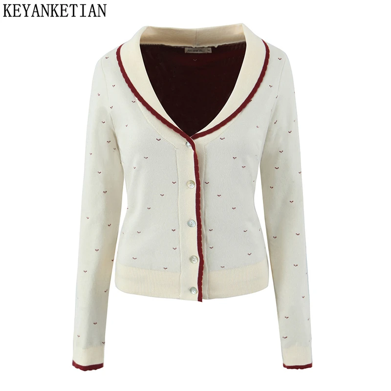 

KEYANKETIAN 2025 Spring New Women Jacquard Decoration Knit Cardigans Retro style Seam Detail Single Breasted Slim Short Sweater