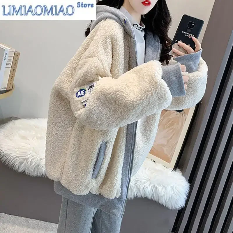 Imitation Lamb Wool Zipper Coat Woman Hoodies Y2k Clothes Sweatshirt Streetwear Korean Fashion Autumn Winter Jacket New Loose