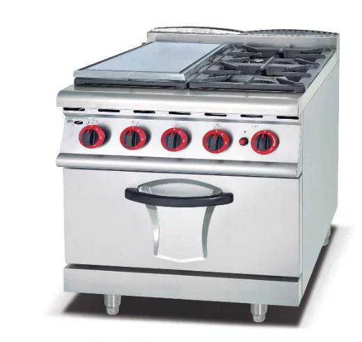 Cocina de gas comercial de acero inoxidable con 4 quemadores y horno.