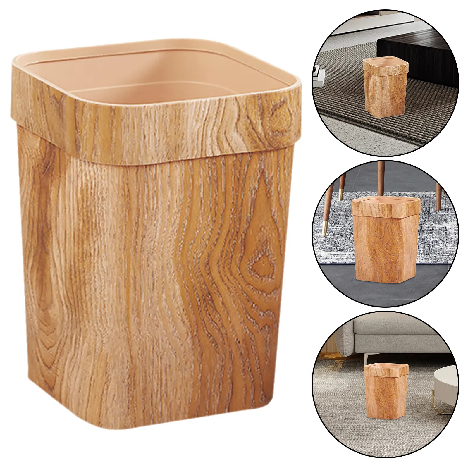 Wood Grain Plastic Trash Can – Compact Small Garbage Bin for Bathroom, Office, Study, Bedroom
