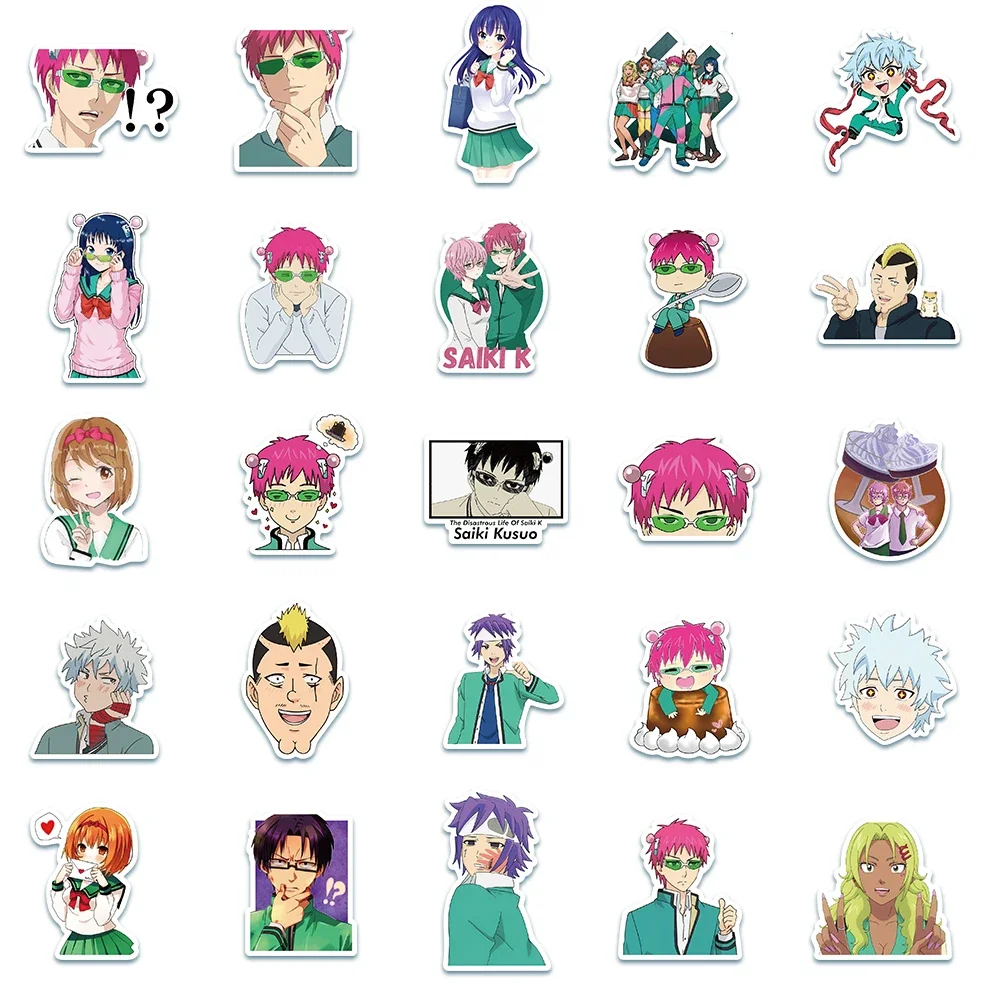 50Pcs Anime The Disastrous Life of Saiki K Stickers Decals Saiki Kusuo Sticker For Laptop Skateboard Motorcycle Kids Toys