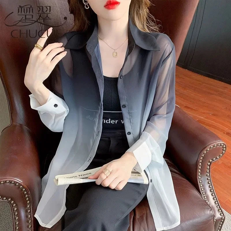 

Summer Sunscreen Shirt Elegant Perspective Thin Chiffon Blouse Korean Harajuku 2025 Loose Top Casual Women' Office Lady Shirts