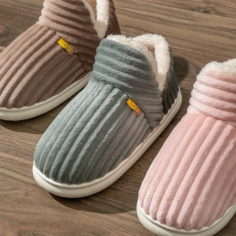 Winter Couple Style Concise Solid Color Wrap Heels Plush Slippers Non-slip Warm Flip Flops Women Men Home Casual Cotton Shoes