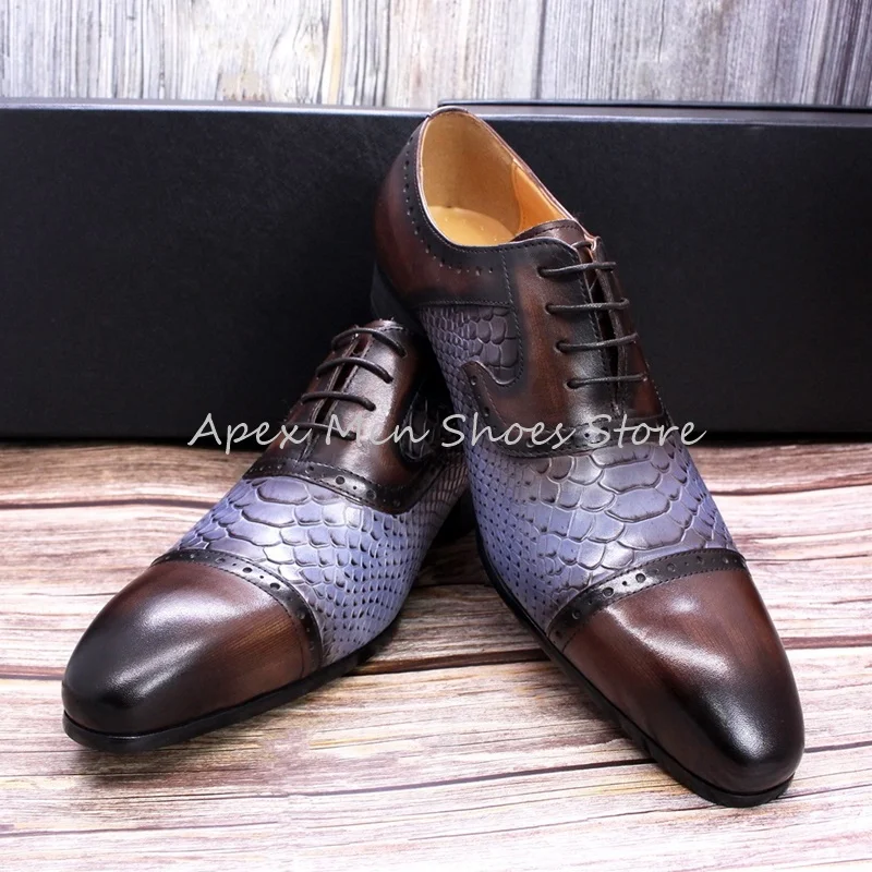 

Designer Men's Snake Print Leather Shoes Genuine Leather Pointed Toe Male Mixed Colors Dress Shoes Business Oxford Shoes Wedding