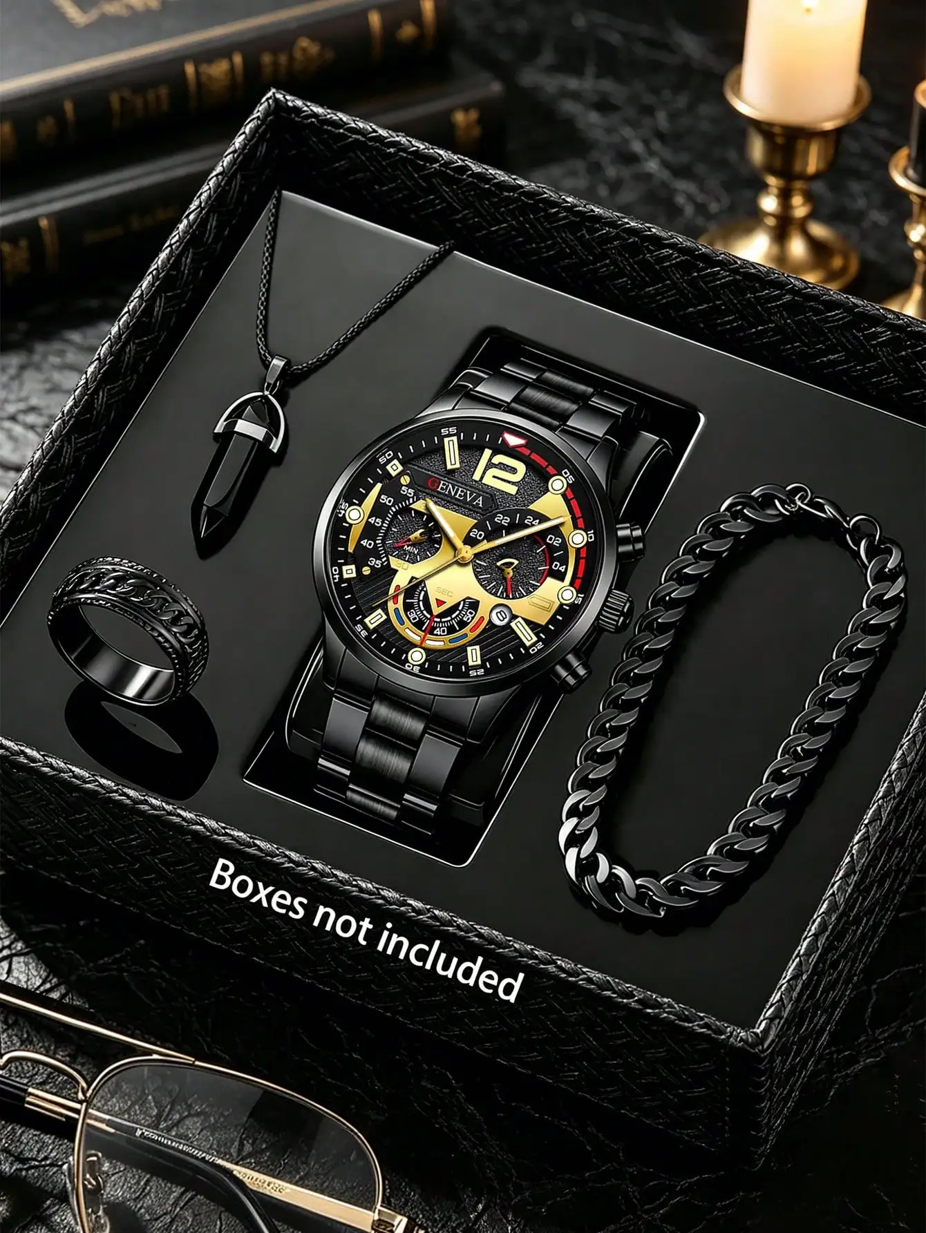 4pcs/Set Black Alloy Steel Band Men's Business Casual Watch With Calendar, Bullet Pendant Necklace, Bracelet, Ring