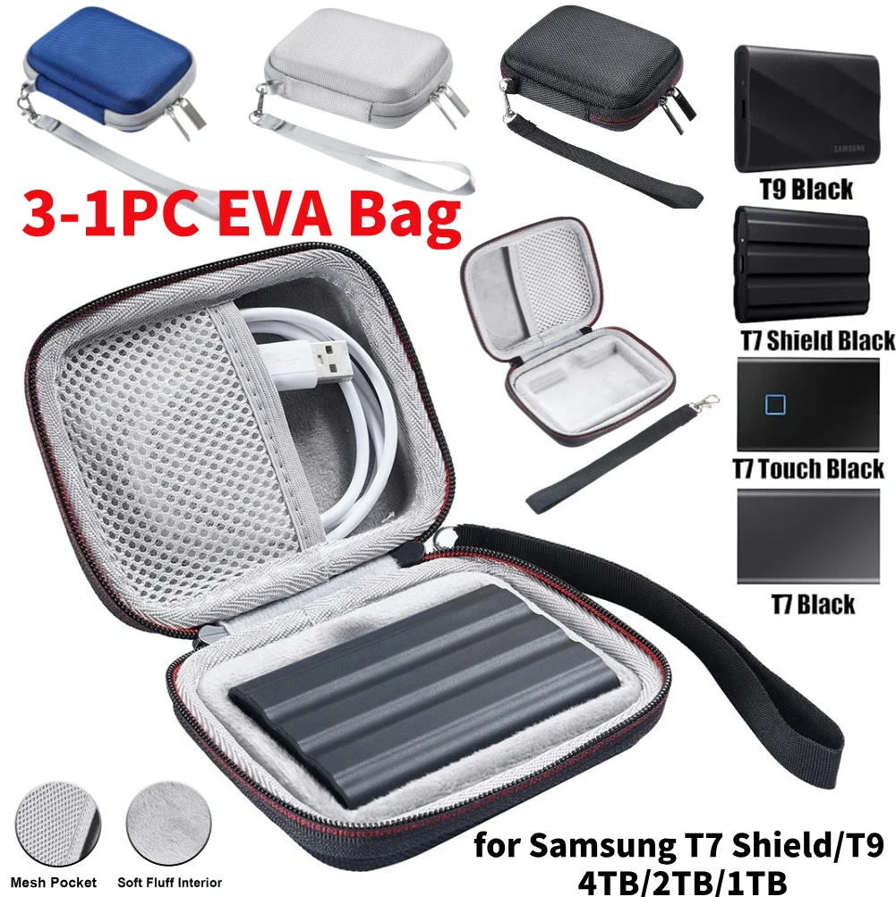 حقيبة حمل صلبة من إيفا ، حقيبة تخزين سفر مقاومة للصدأ ، مضادة للخدش مع حقيبة شبكية ، حزام يد لواقي T7 من samsag ، T9 SSD محمول