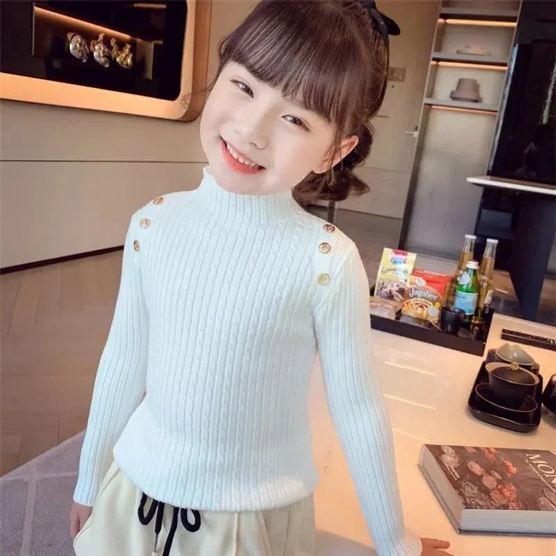 Girls Sweater Winter Decorative Buttons High Neck Solid Color Bottom Shirt Multicolour Children High Elasticity Knit Pullover