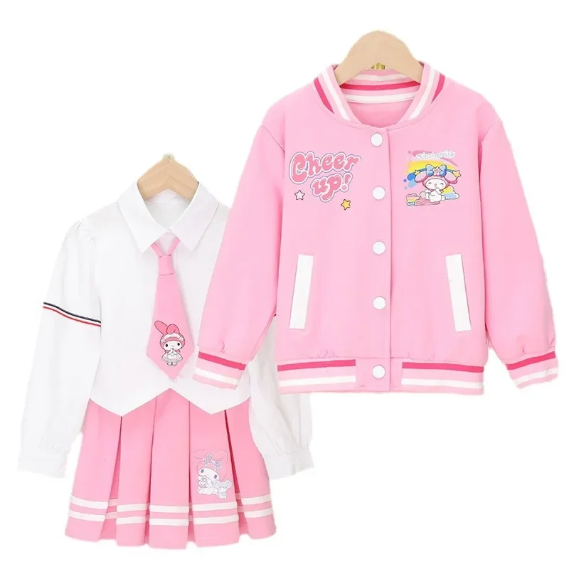 Sanrio My Melody saia plissada e conjunto de jaqueta para meninas, camisa, saia, doce, fofo, desenhos animados, anime, jk, roupas bonitas, presente para crianças, outono, 3 peças